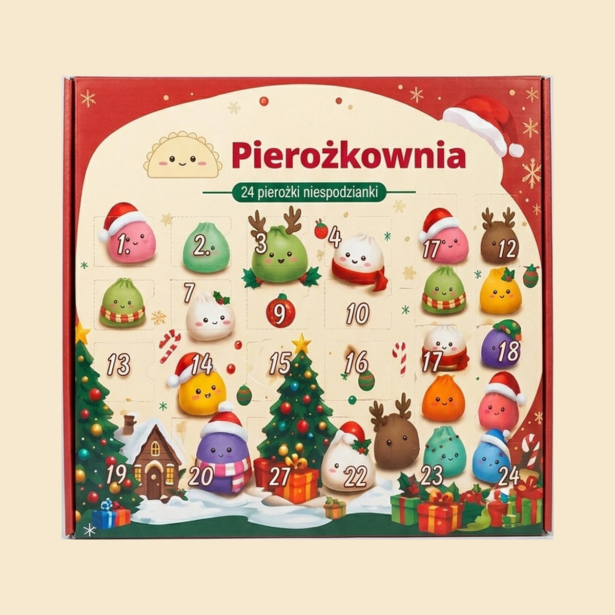 Pudełko kalendarza Pierożkownia z przodu: 24 numerowane okienka