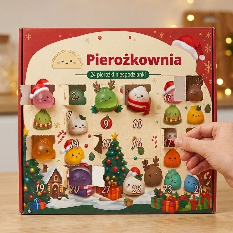 Otwarte okienka kalendarza, za każdym squishy pierożek
